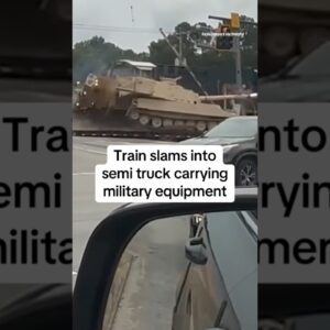 Train slams into semi truck carrying military equipment #shorts