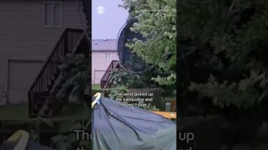 Nebraska wind picks up trampoline and throws it on nearby tree #shorts