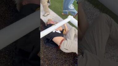 Man gets stuck under fallen football goal post after fans rush the field #shorts